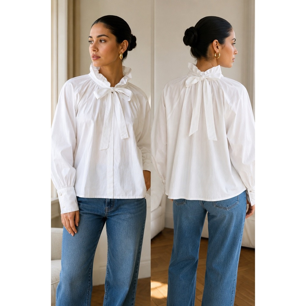 Ganni Blouse Womens Size 6 White New With Tags Ruffle Bow Neck Cotton Poplin